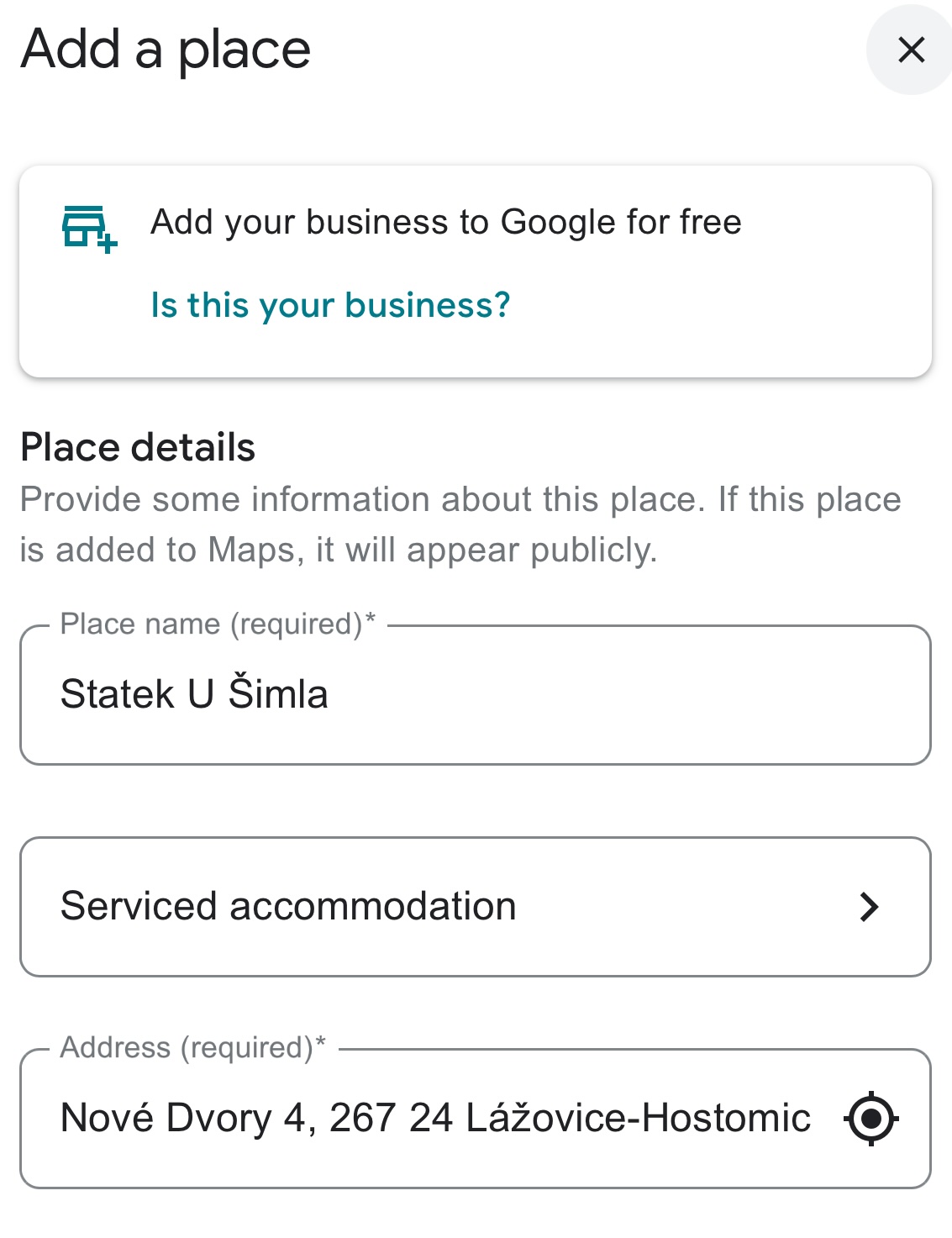 Google Maps: Add a place form with name, type and address