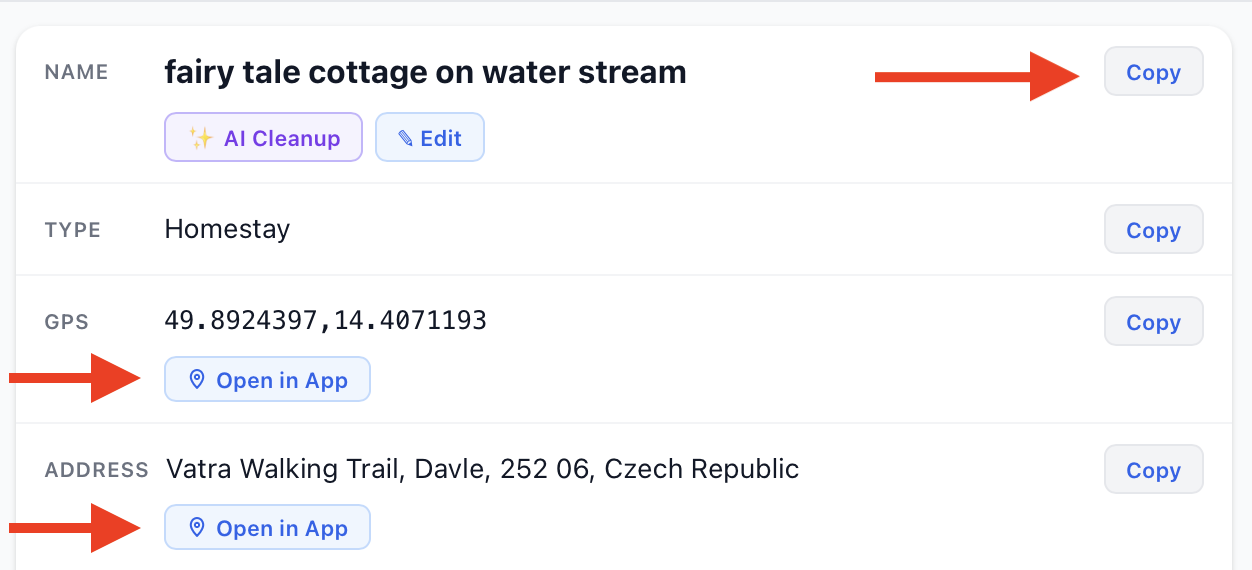Arrows showing Copy button for name and Open in App for GPS and address