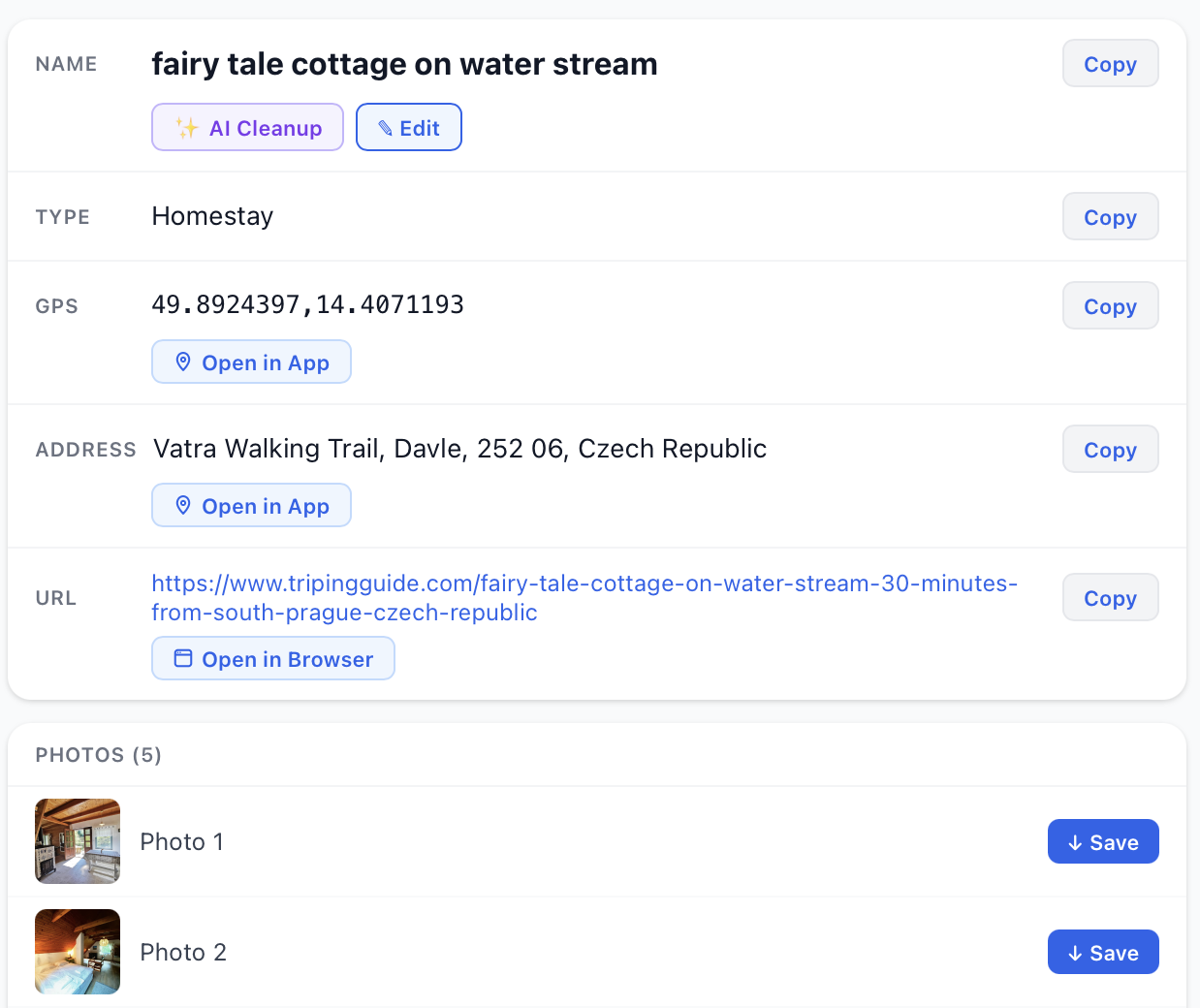 Place detail card showing name, type, GPS, address, URL and photos